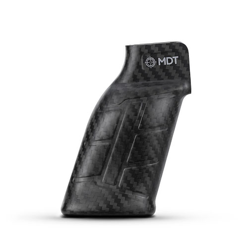 Le grip en carbone MDT offre une ergonomie supérieure avec des renflements intégrés, compatible avec les systèmes MDT et AR-15, pour tous les tireurs.